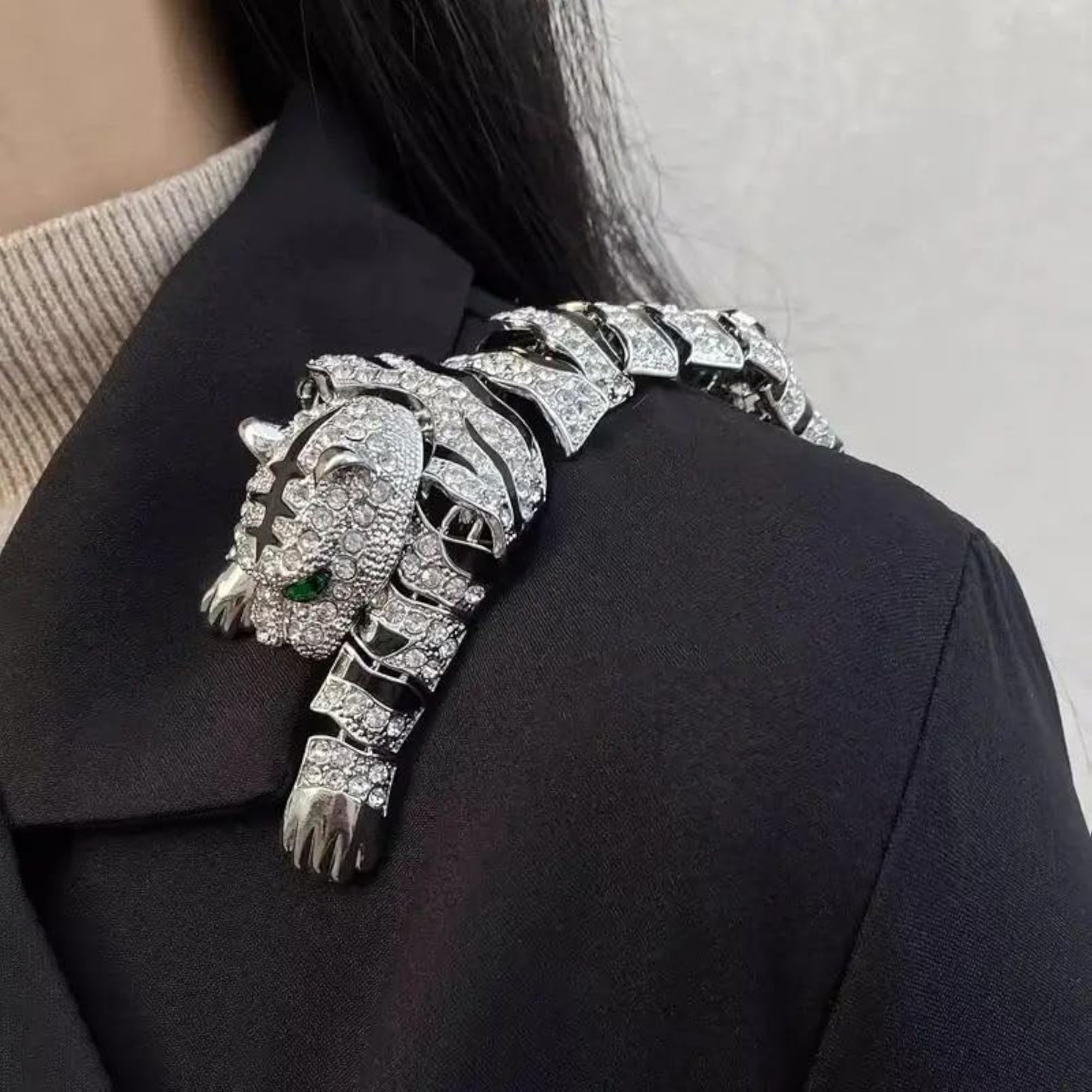 Silver Tiger Shoulder Brooch, Statement Accessory
